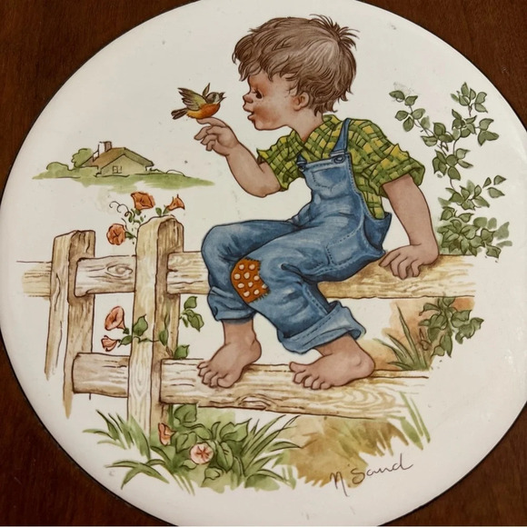 Vintage ceramic wood trivet kitchen hot pad decor art boy with  butterfly - Picture 6 of 12